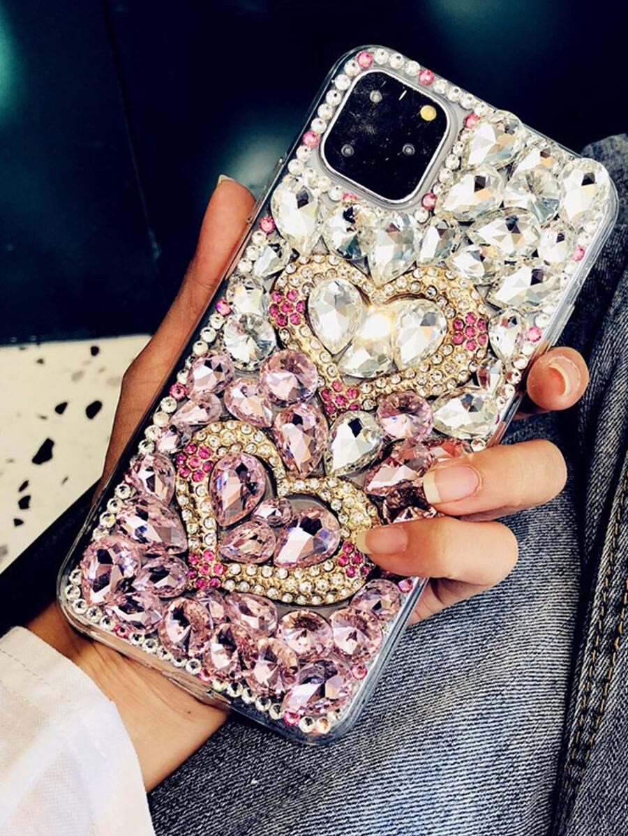 Fashionable Luxury Ombre Pink Double Heart Rhinestone Studded Metal Fully Paved Phone Case Suitable For IPhone 16 Pro Max/15 Plus/XR/7G