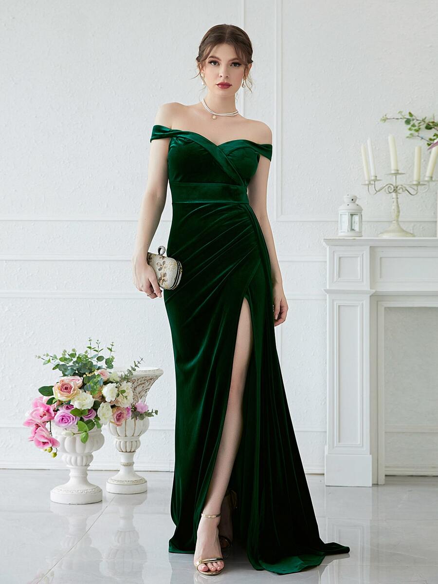 YISIKADO Off Shoulder Split Thigh Velvet Prom Dress