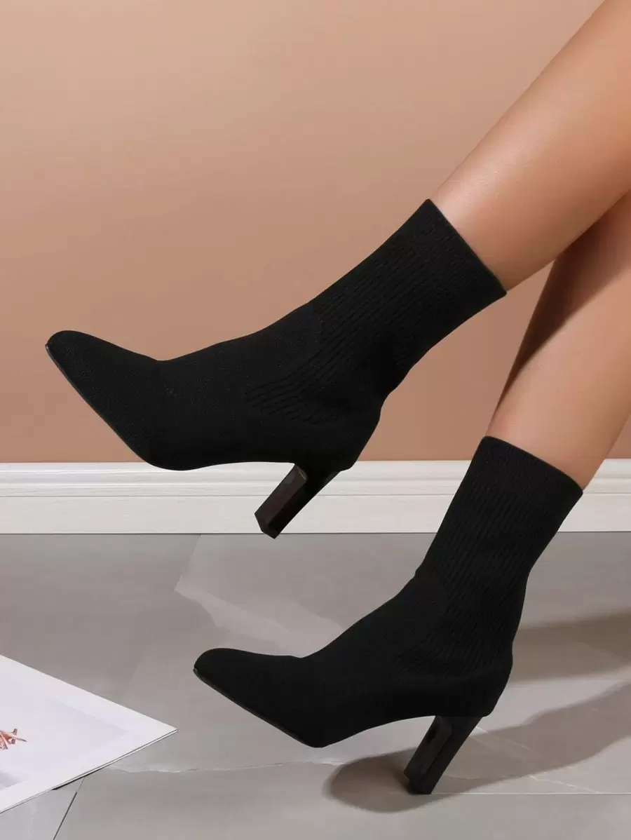 Match Sweatpants, Elegant Black Solid Color Elastic Ankle Boots For Women, Black Pointed Thick Heel Socks Boots