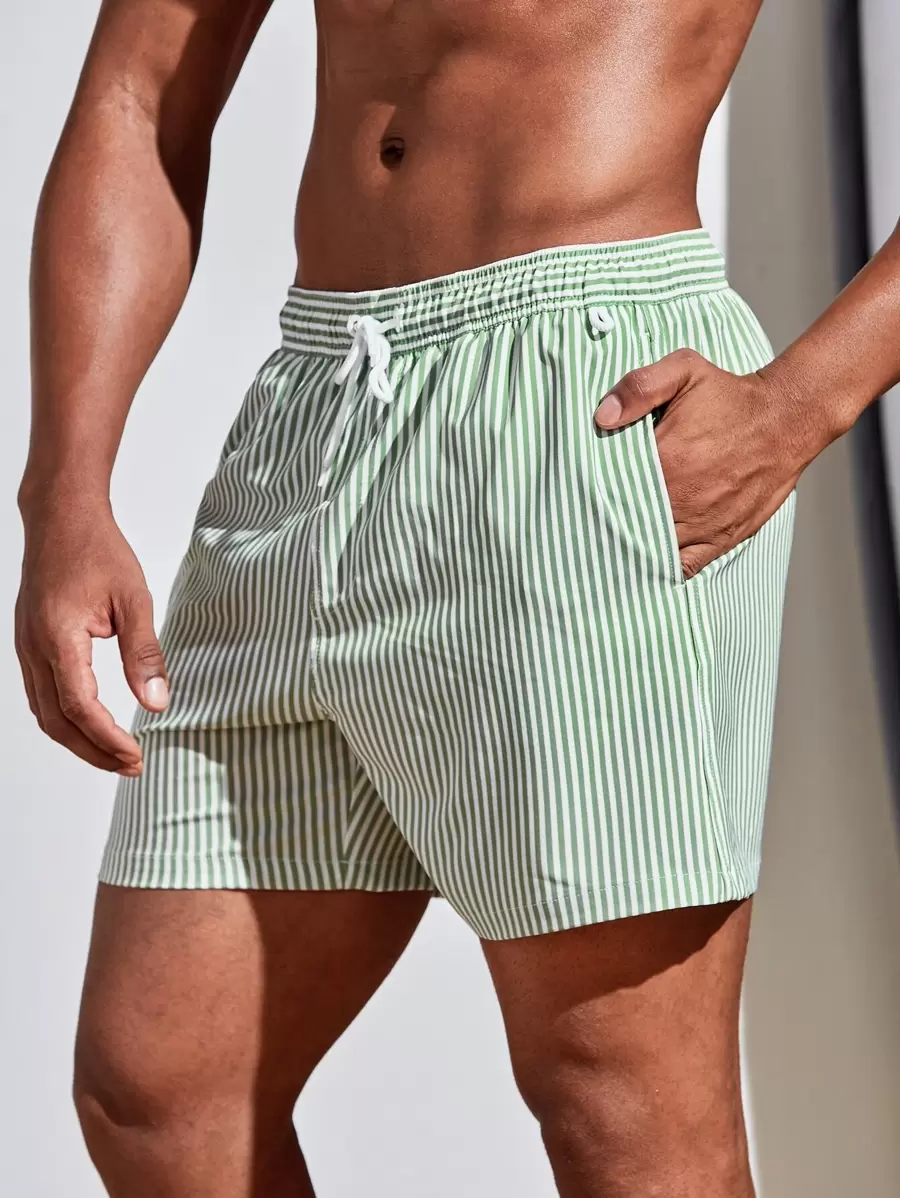 Horizaway Trunchi de baie pentru bărbați, cu dungi verticale, cu șnur