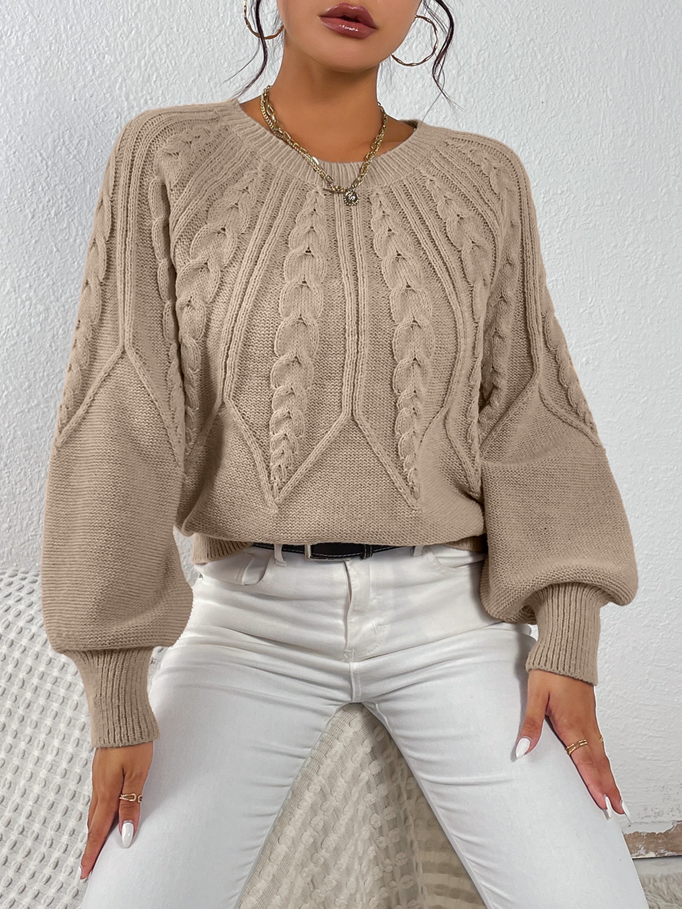 EMERY ROSE Cable Knit Lantern Sleeve Jumper
