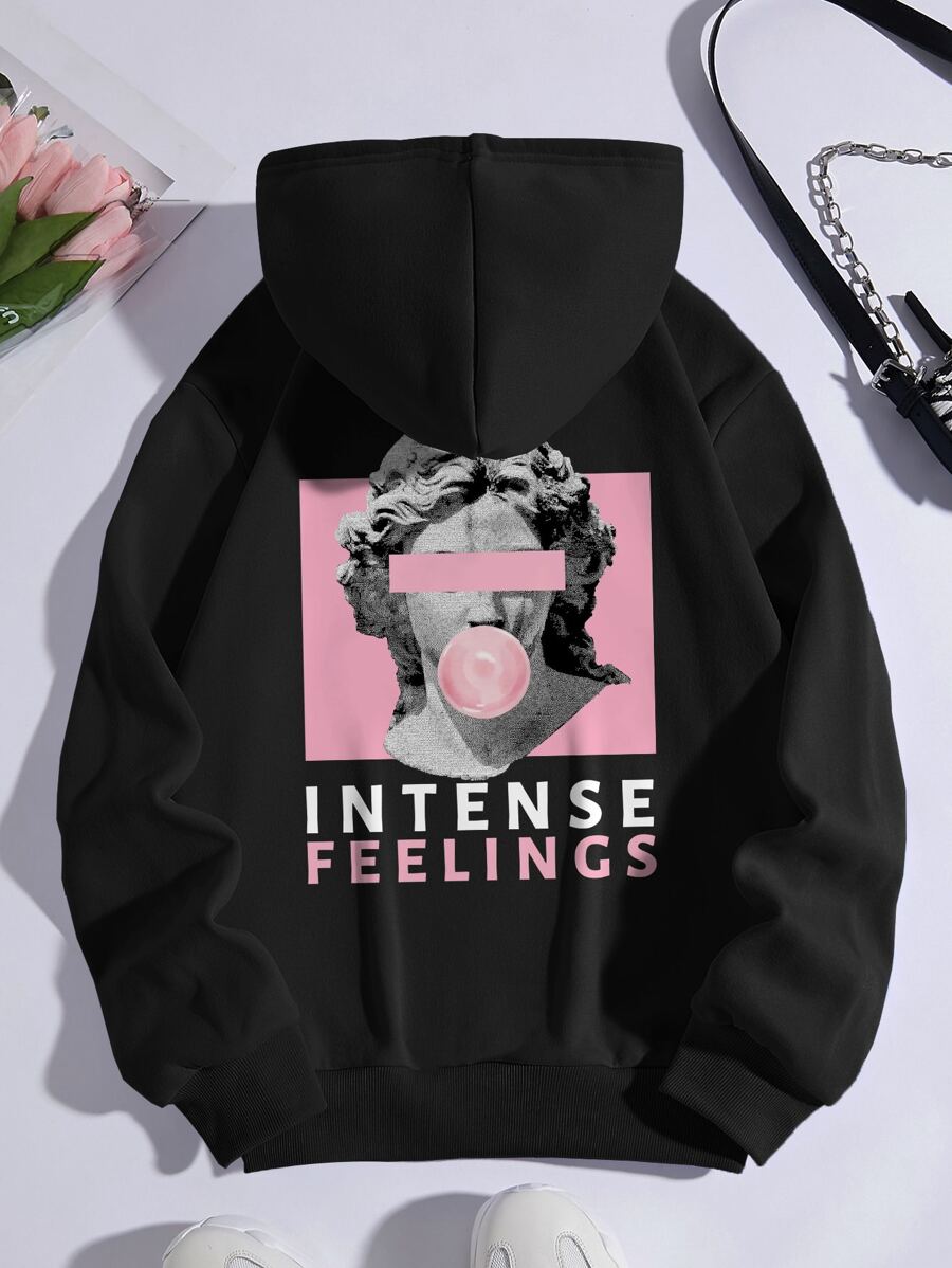 INAWLY Sculpture & Letter Graphic Kangaroo Pocket Drawstring Thermal Hoodie,Long Sleeve Tops