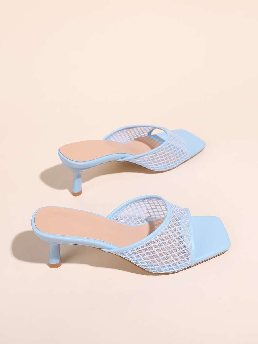 Sandalias de tacón de aguja con panel de malla para mujer, sandalias de tacón de verano a la moda