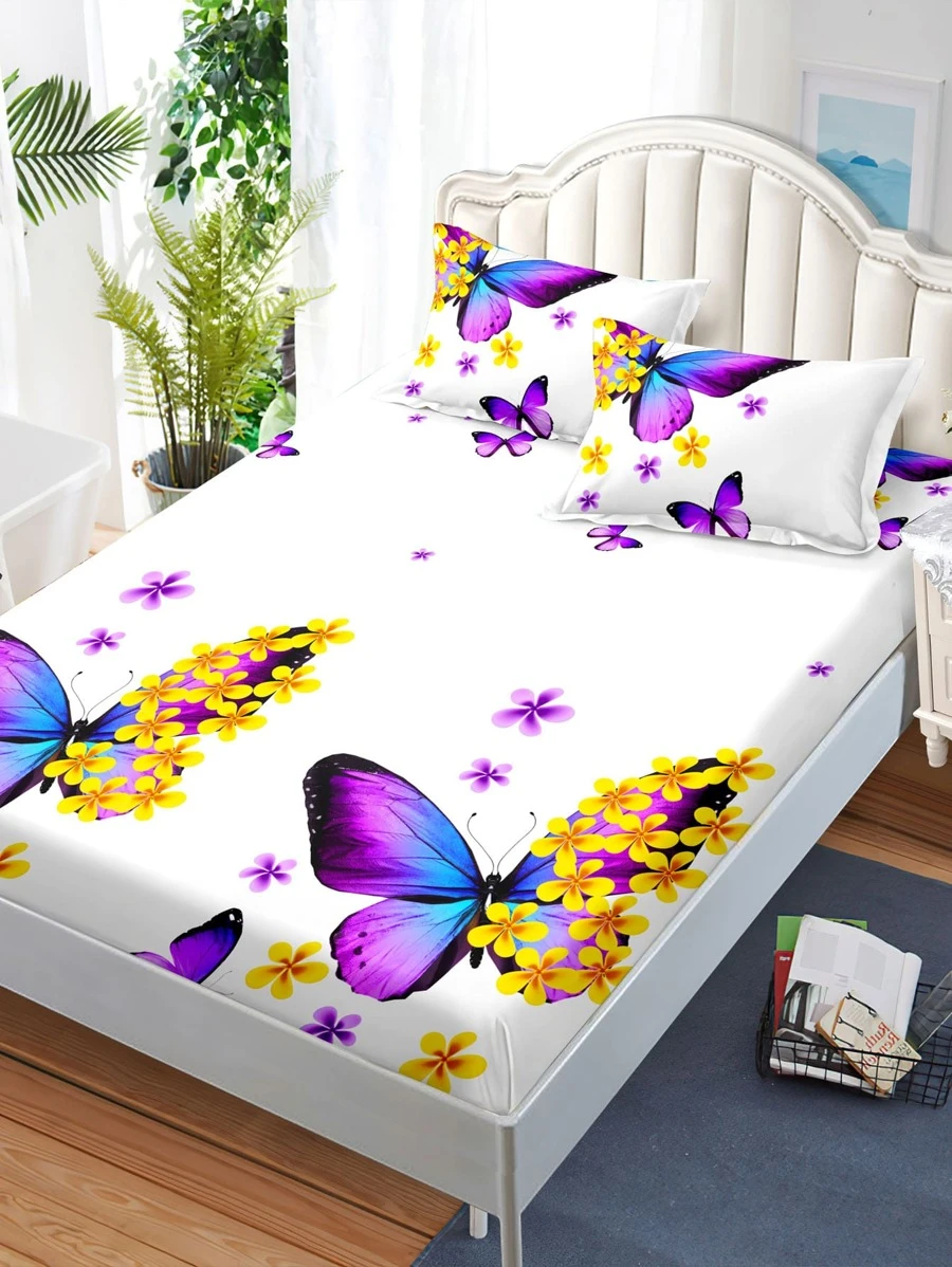 Butterfly Print Fitted Sheet Set Without Filler, Modern Bedding Set For Bedroom