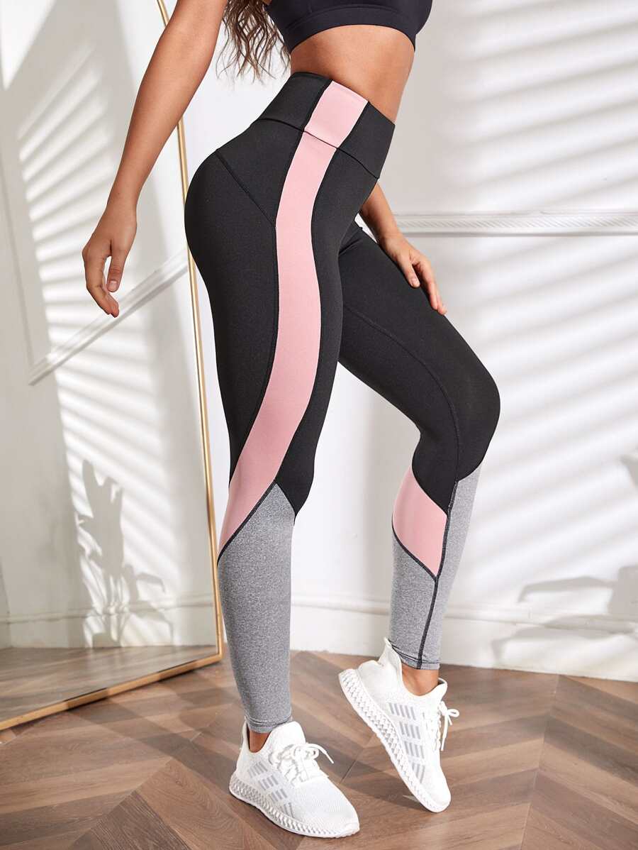 SHEIN Sport Studio Contrast Color Panel Yoga Leggings Wide Waistband M-shaped Seam Booty Sculpt Athletic Leggings workout leggings