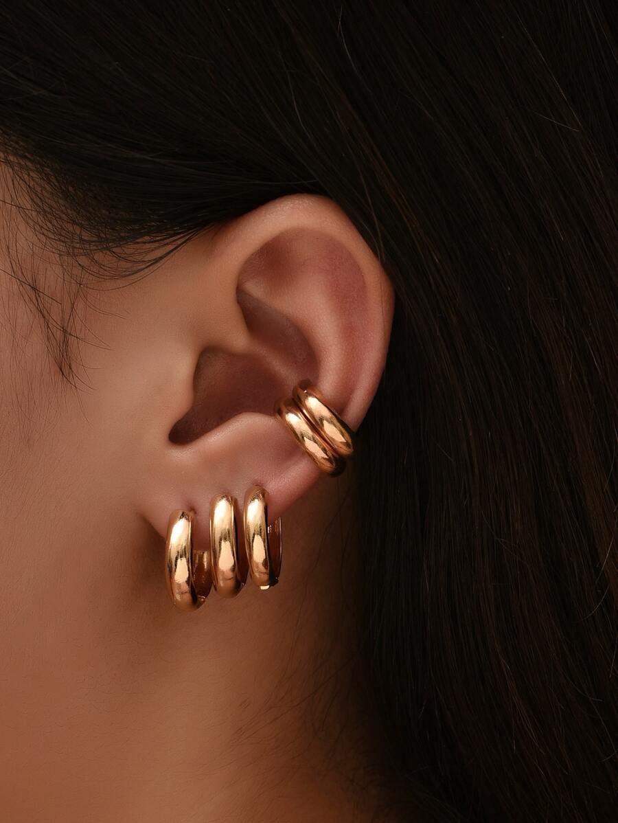 3pcs Minimalist Hoop Earring & 1pair Ear Cuffs Copper Jewelry