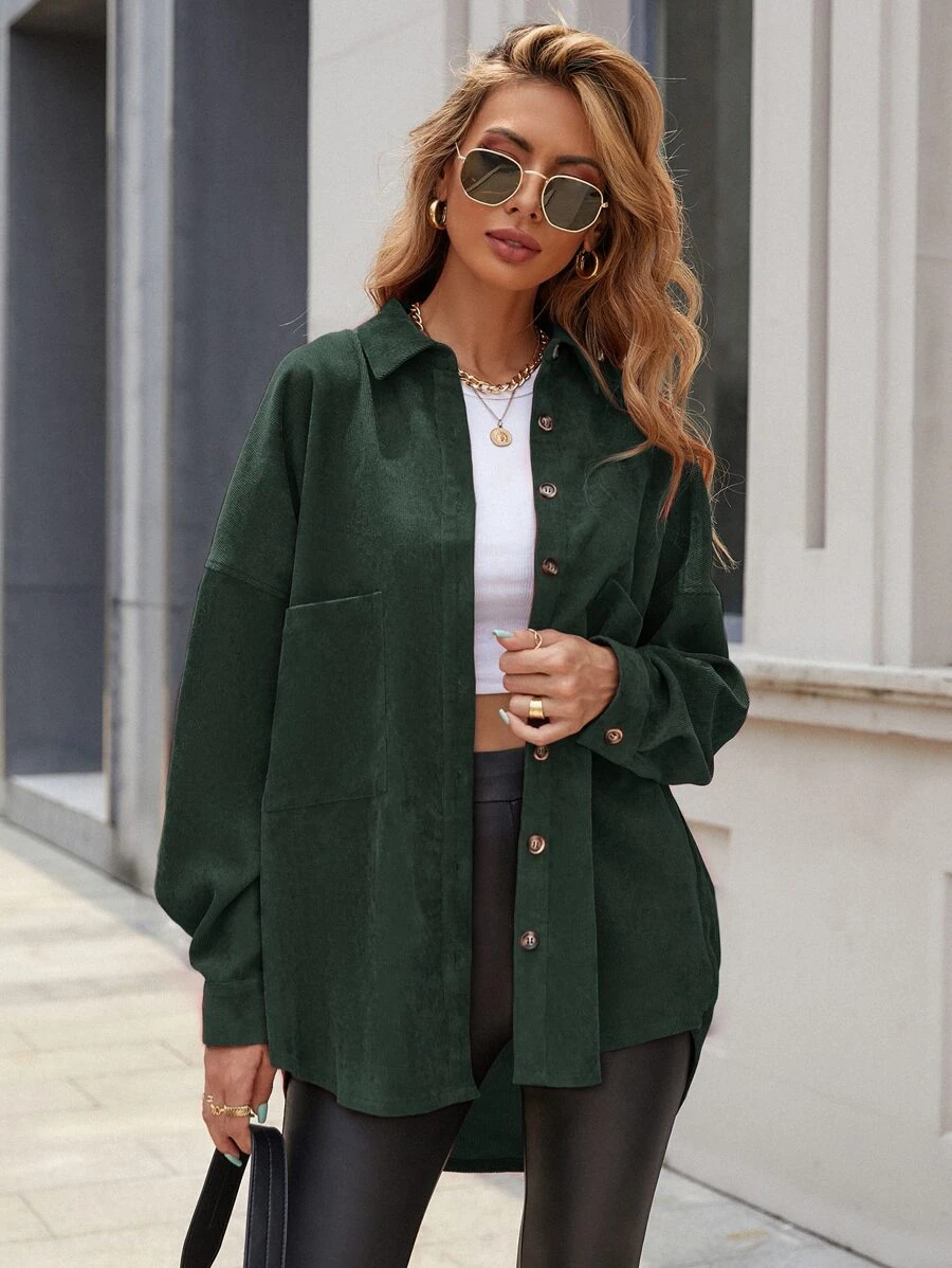 SHEIN LUNE Solid Button Front Pocket Detail Corduroy Coat