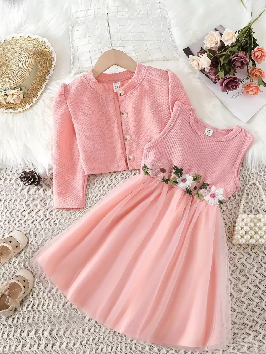 SHEIN Chica Joven Vestido de fiesta aplique bajo con malla & Cazadora de manga farol