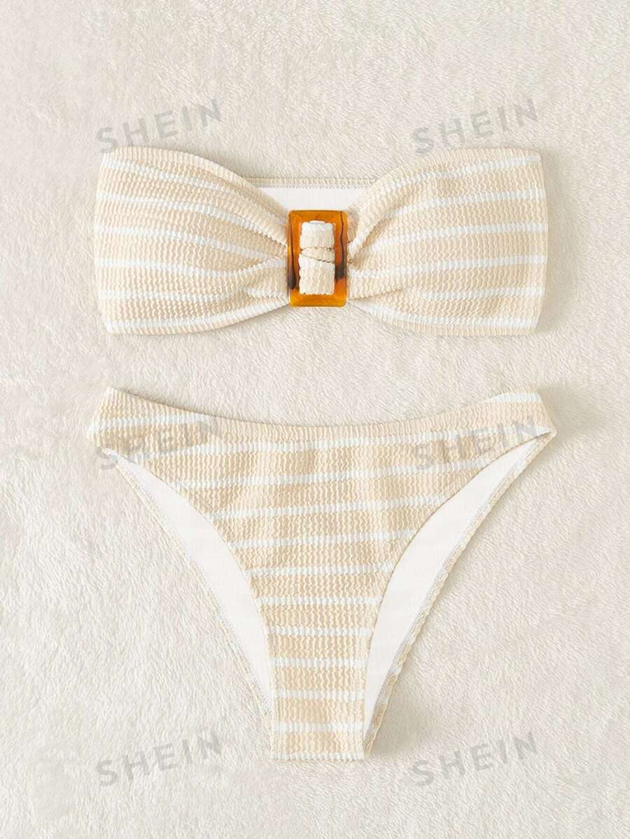 Shein Swim Striped Textured Bandeau Bikini Swimsuit Shein Uk