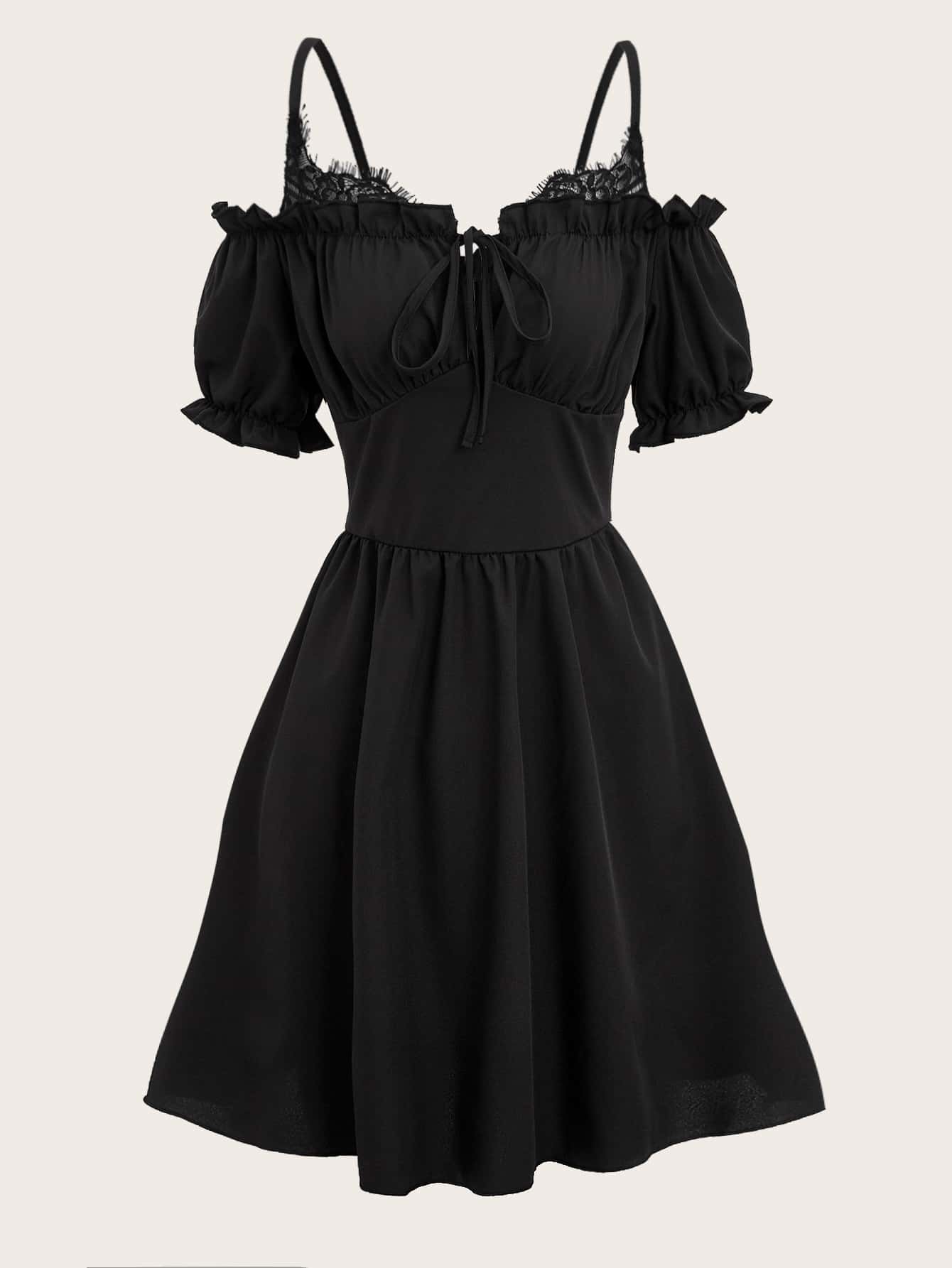 ROMWE Fairycore Solid Frill Trim Tie Front Dress