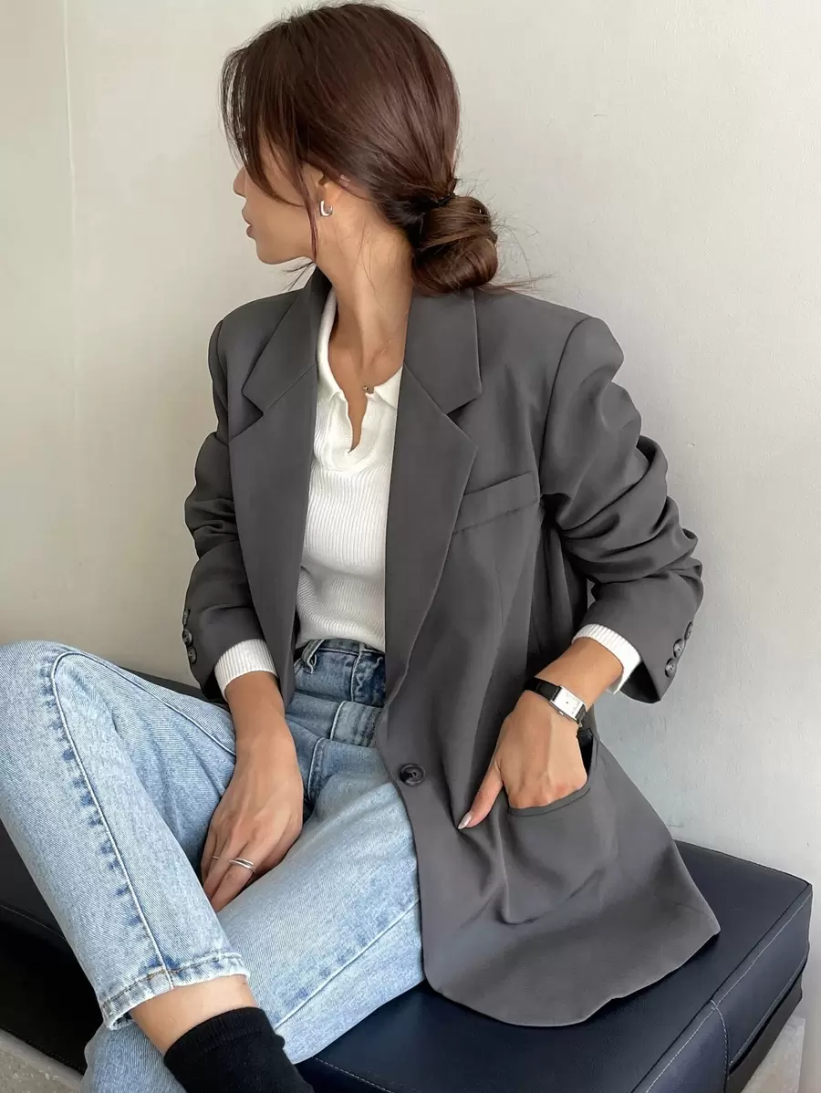 DAZY Blazer Feminino de Cor Sólida com Gola de Lapela, Manga Longa, Casual Corporativo, Outono