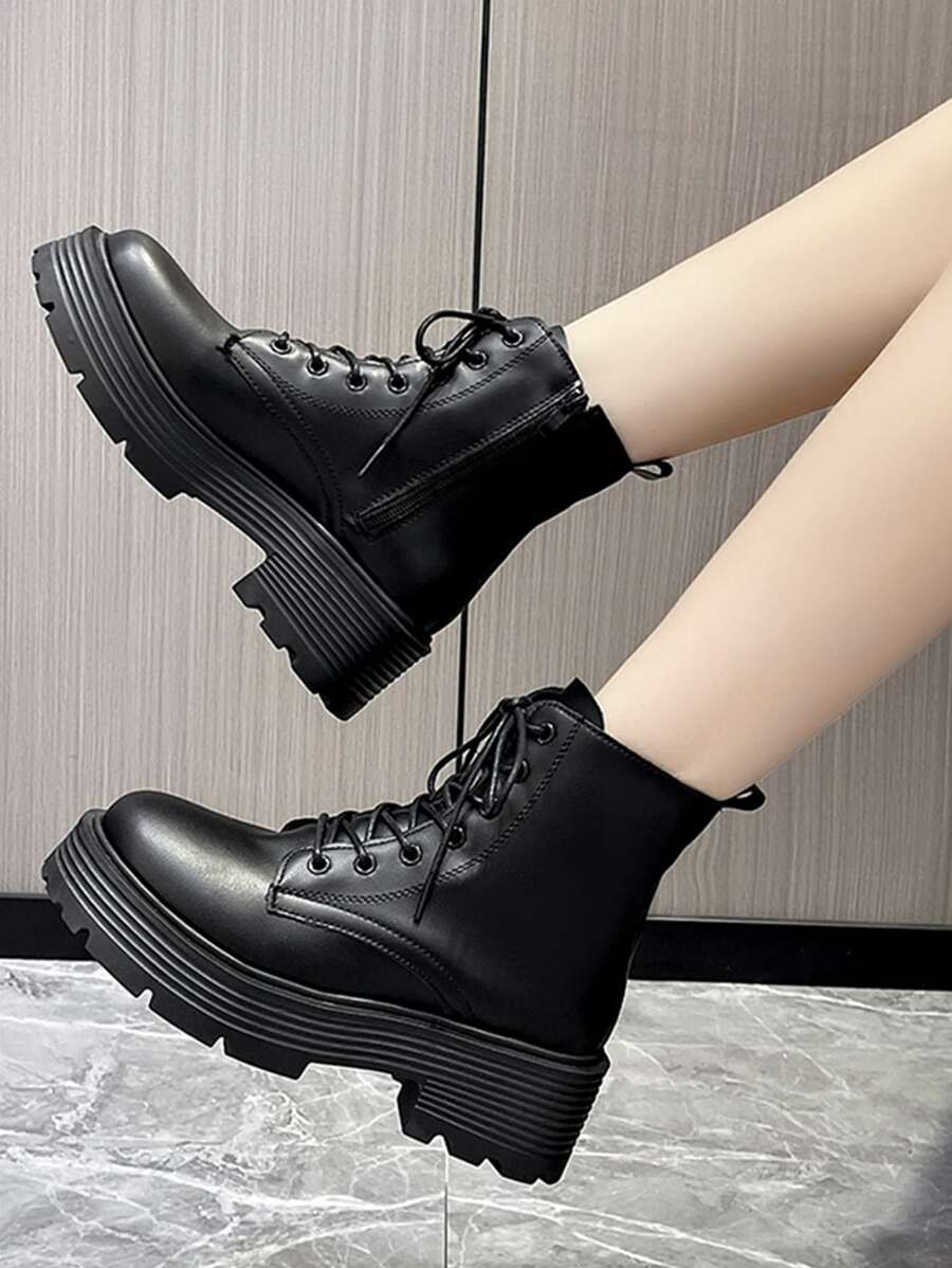 Punk Boots Black Solid Color Zipper Lace-Up Combat Boots,Match With Sweater Go With Cardigan