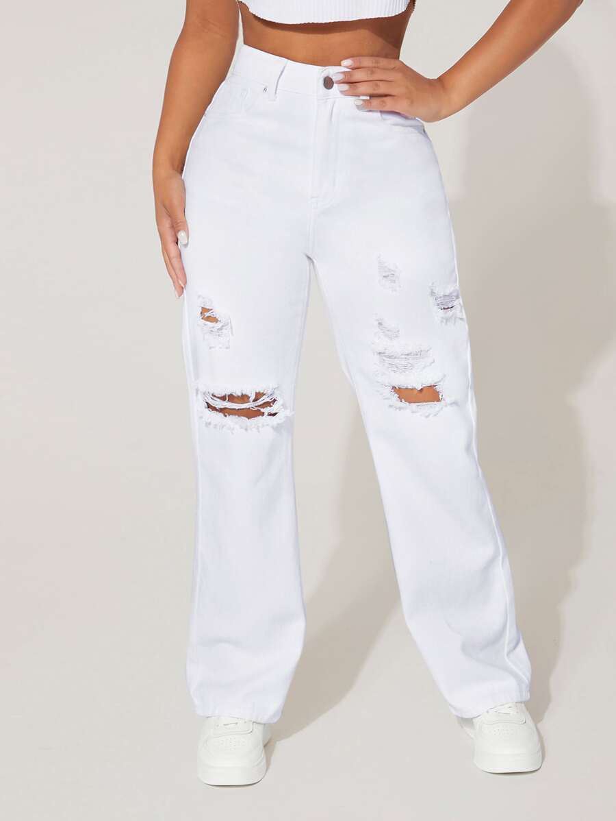 SHEIN PETITE High Waist Ripped Frayed Straight Leg Jeans
