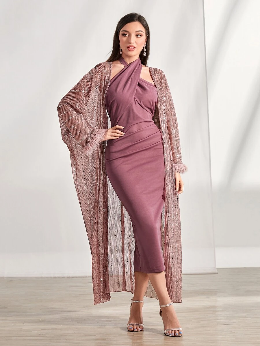Modelyn Contrast Sequin Fuzzy Cuff Coat & Bodycon Dress 2 Piece Set