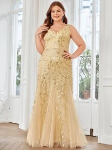 EVERPRETTY فستان حفلة مقاس كبير شبكي بتفاصيل نباتات وبترتر