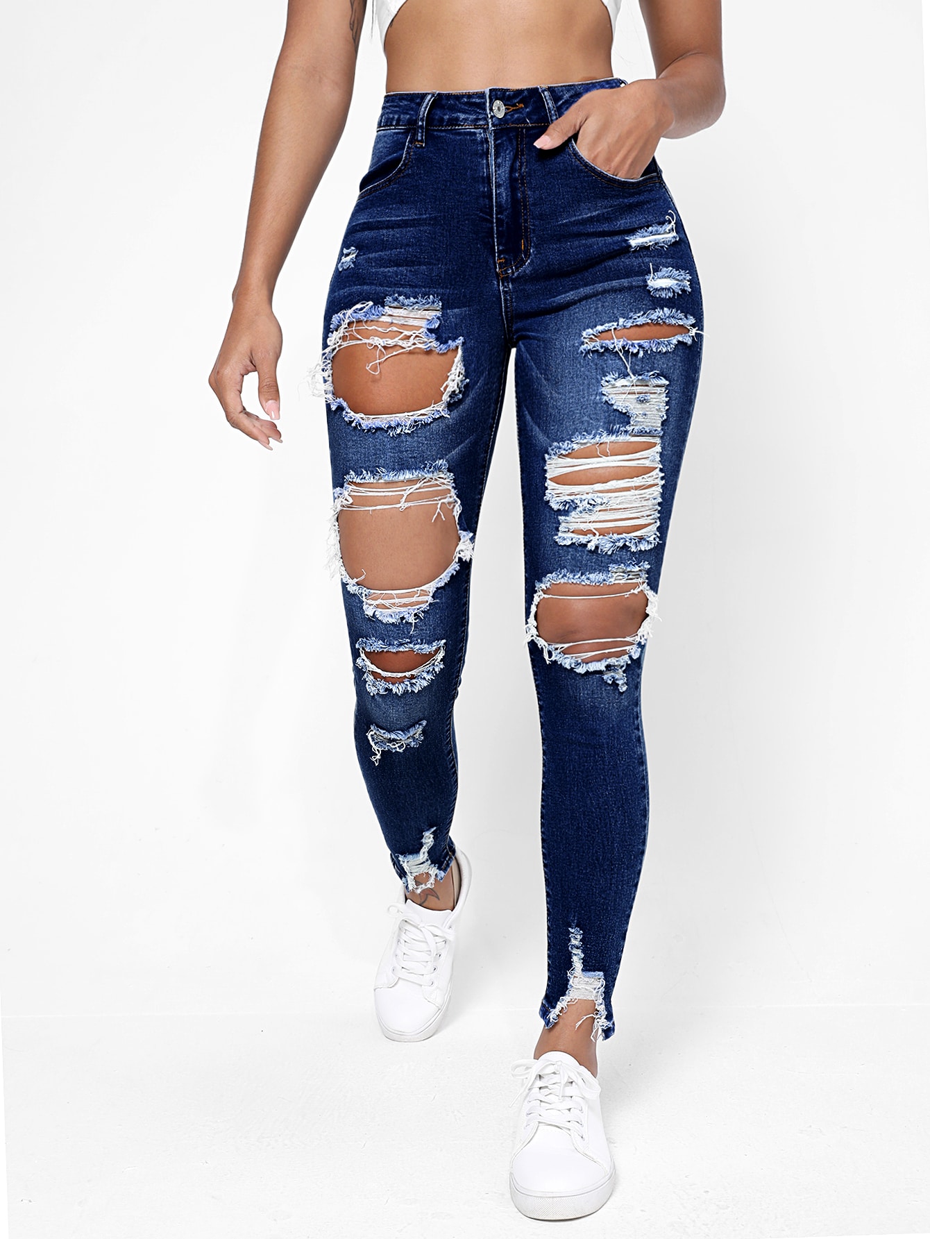 SHEIN Essnce Cut Out Ripped Raw Hem Skinny Jeans