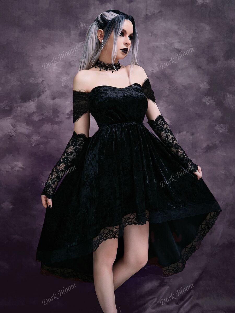 Gothic Off Shoulder Contrast Lace High Low Hem Velvet Dress Without Gloves