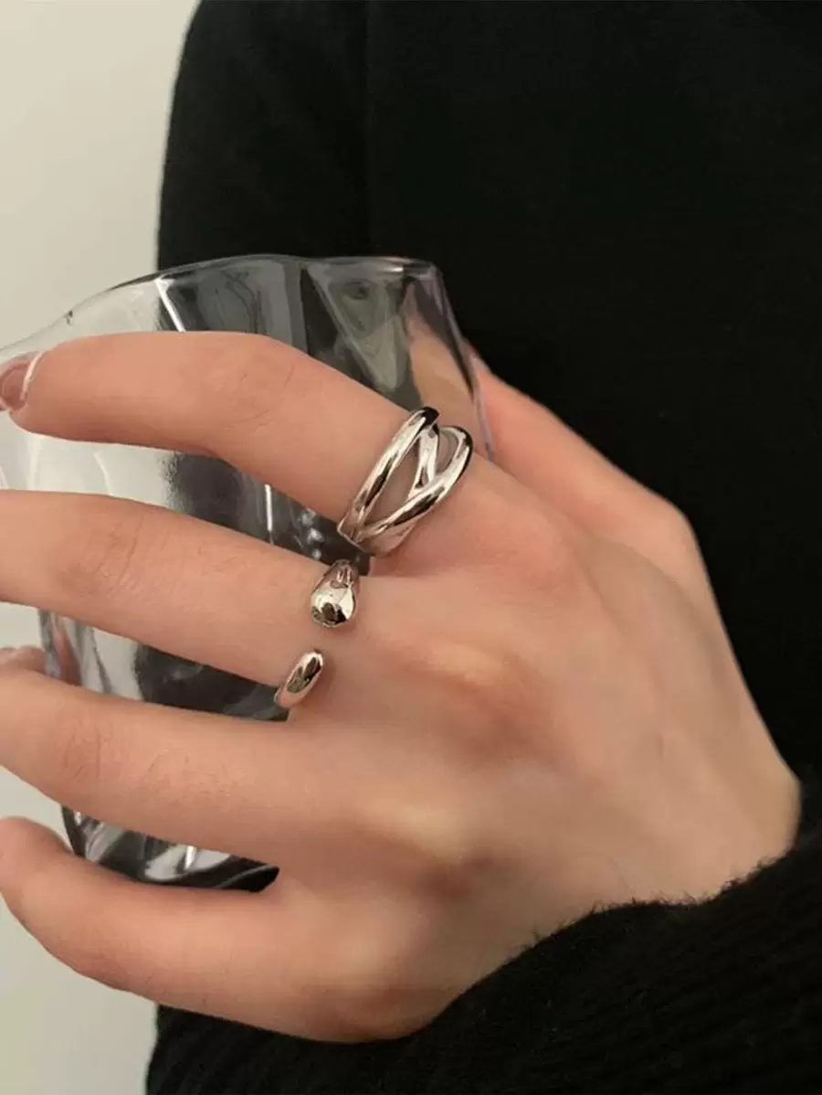 2pcs Retro Exaggerated Geometric Lines Chain Geometric Rings, Suitable For Women's Daily Wear, Gift For Friends & Family