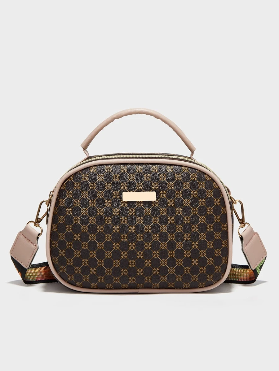 Geometric Pattern Metal Decor Satchel Bag Geo Print Square Handbag, Vintage Pu Zipper Purse, Women's Small Crossbody Bag Polka Dot Print Handbag, Fashion Small Crossbody Bag, Women's Double Zipper Purse