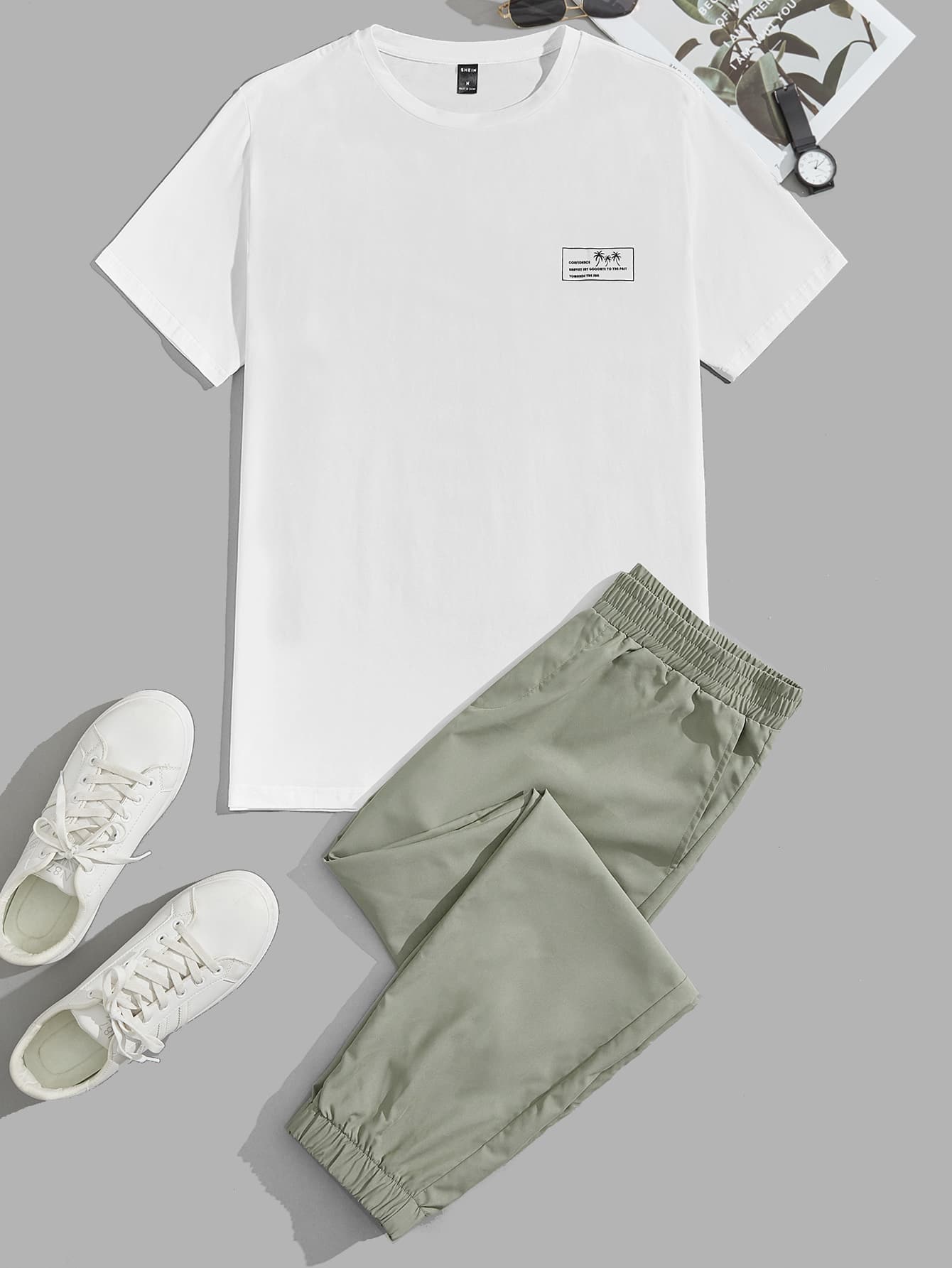 Manfinity VCAY Ensemble de tee-shirt à manches courtes et pantalon d'été avec bloc de couleurs, palmier et slogan graphique pour homme, tenue casual
