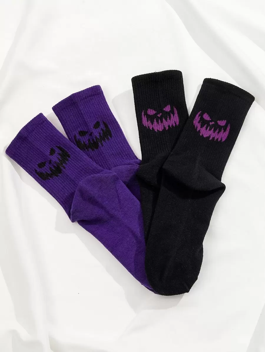 Hombres 2 pares Calcetines de tripulación Halloween con estampado de dibujos animados