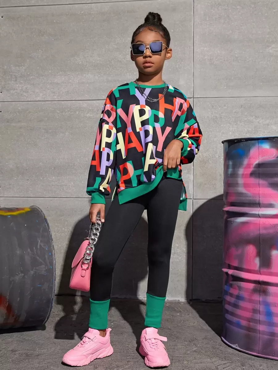 SHEIN Tween Girl Letter Graphic Drop Shoulder Pullover & Leggings Set