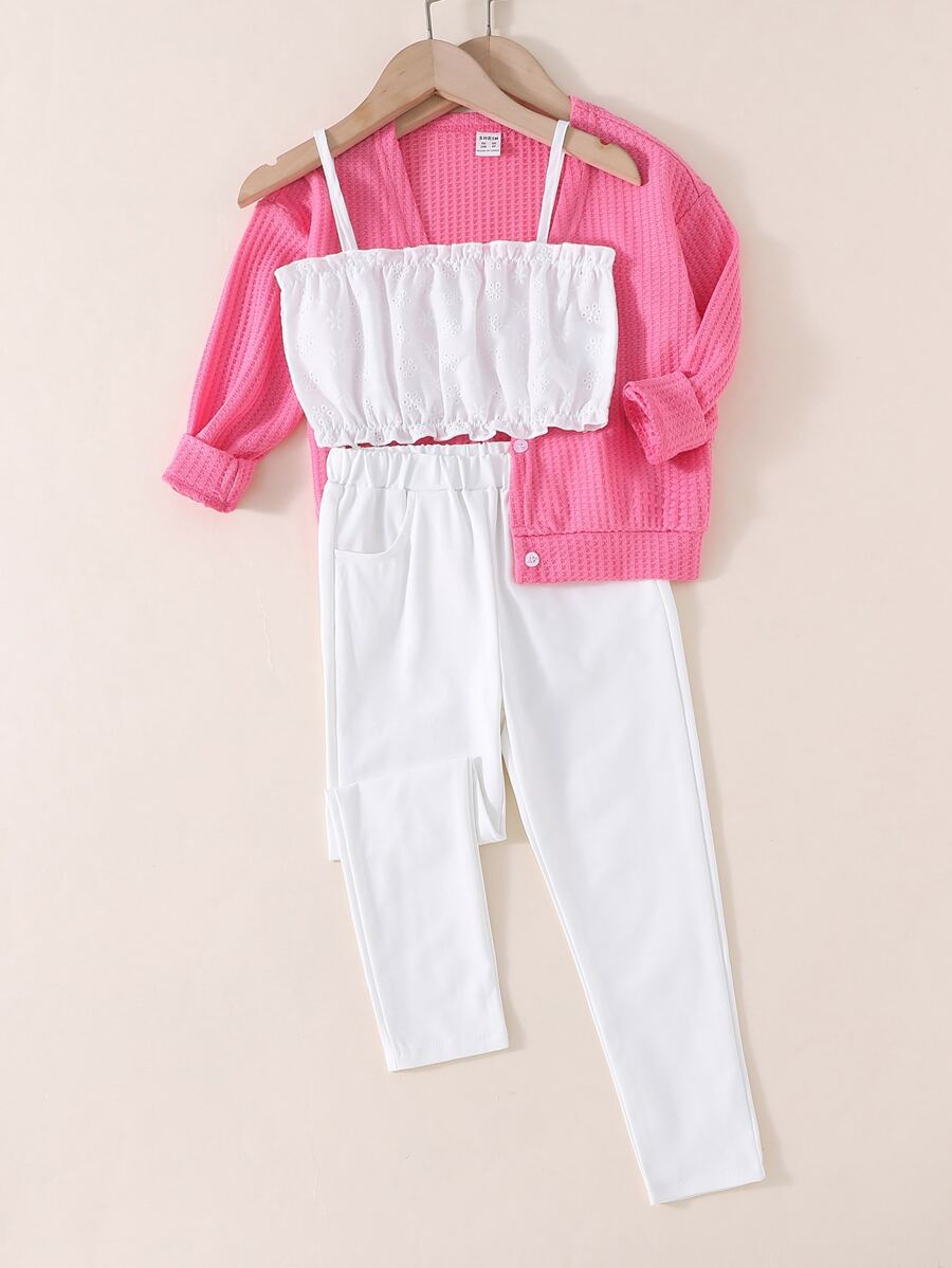 Kleinkind Mädchen Top mit Knopf vorne & Cami Top mit Öse Stickerei & Hose