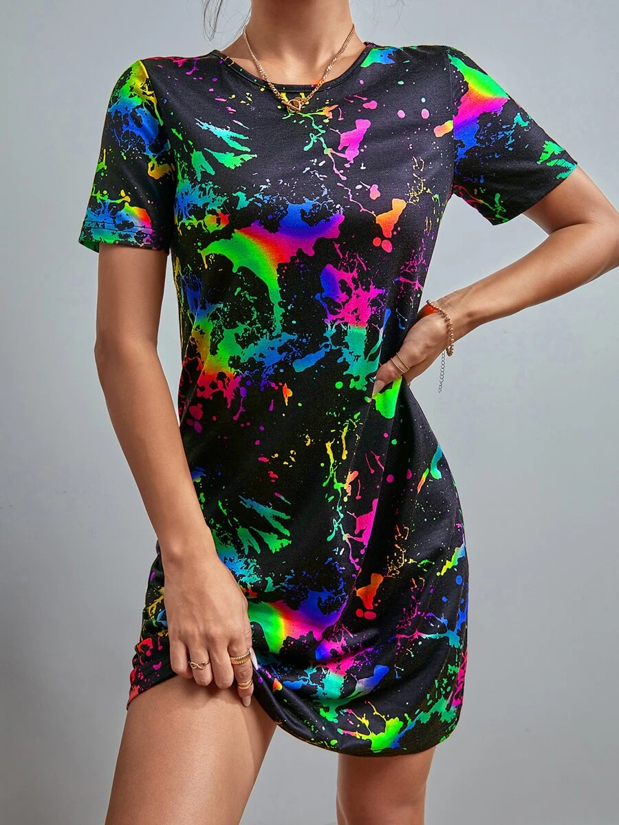 SHEIN Essnce Reflective Ink Splatter Print Tee Dress