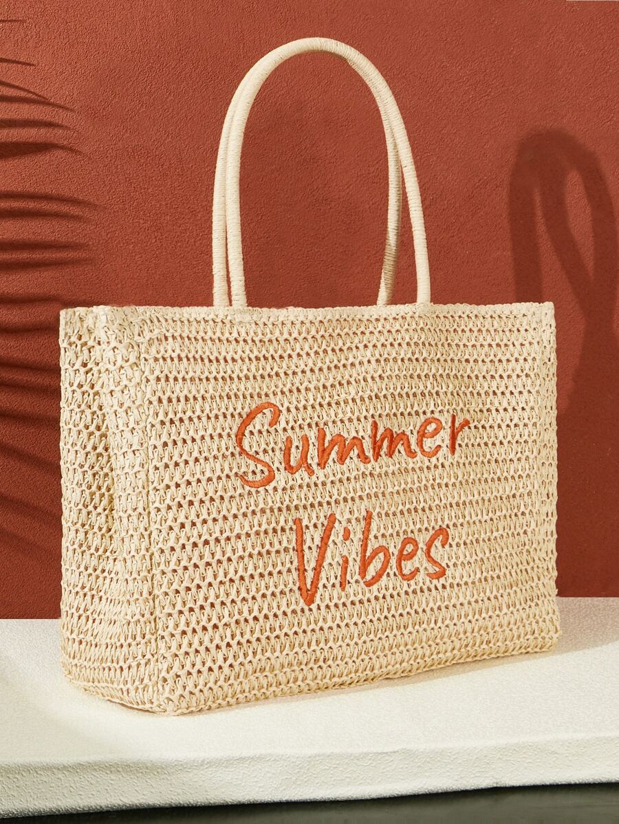 SHEIN VCAY Large Capacity Letter Graphic Straw Bag,Woven Bag,Perfect For Summer Beach Travel Vacation,For Outdoor,Holiday,Picnic, Summer Essentials, Perfect For Vacation & HolidaySchool Bag,School Handbag,Large Capacity,Portable,Classic Casual, Suitable For Teen Girls Women College Students, Perfect For Back To School,Holiday,Work , Business, Commute