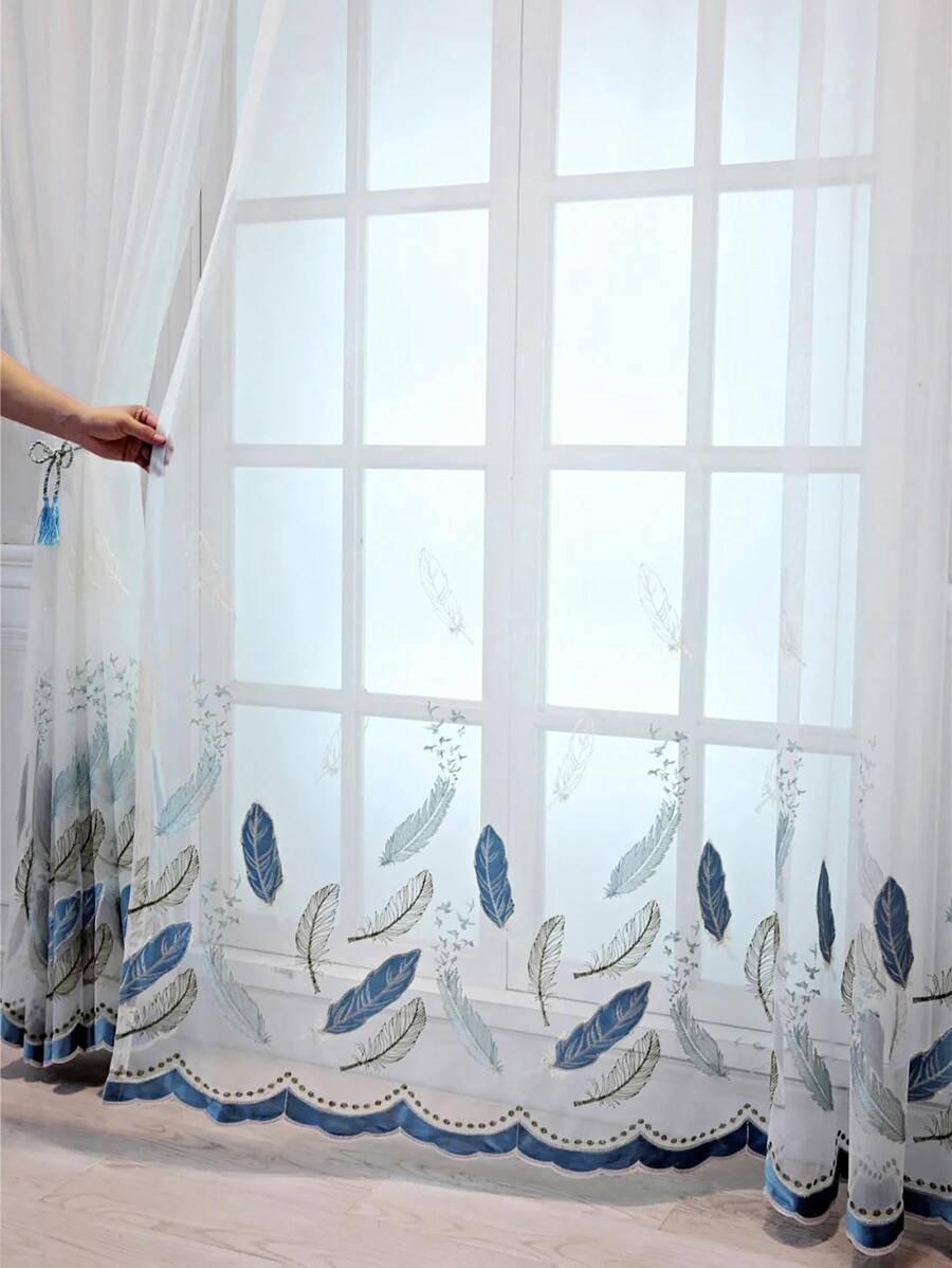 1pc Feather Embroidered Sheer Curtain, Modern Polyester Single Panel Sheer Curtain For Home