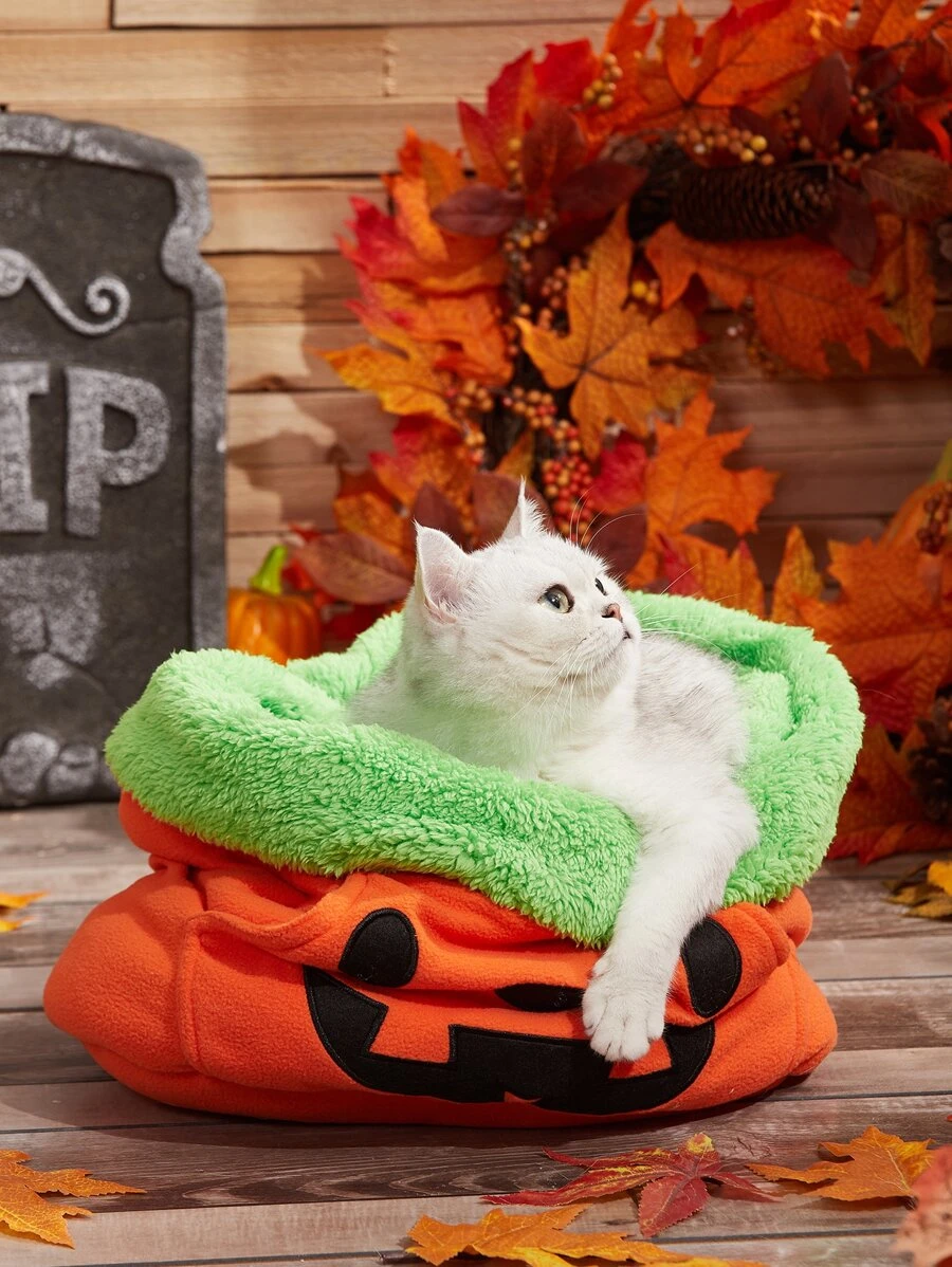 1 pieza Cama de mascota de peluche con forma de calabaza, temática de Halloween