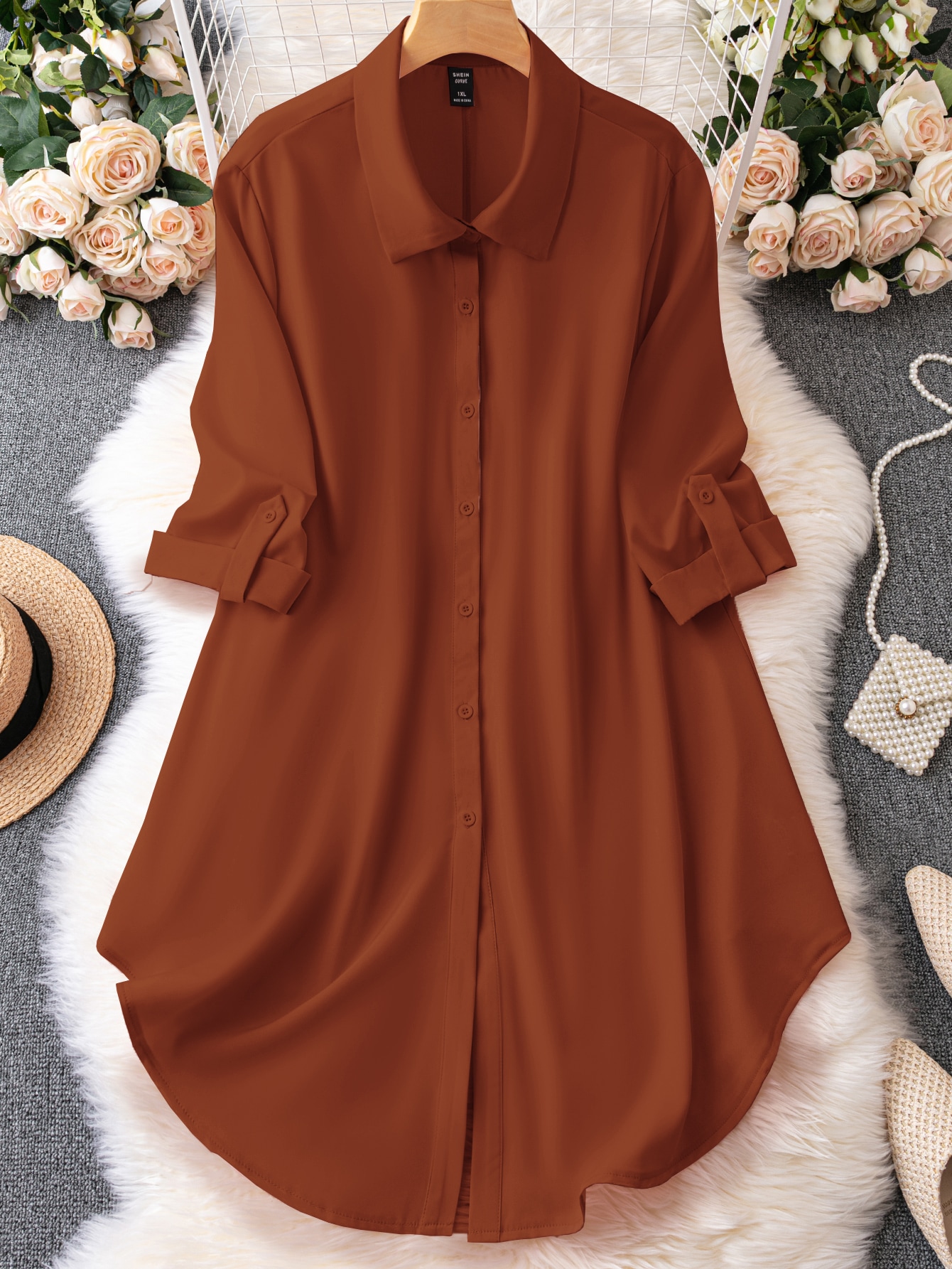 Plus Roll Tab Sleeve Shirt Dress