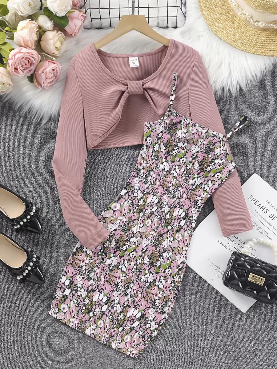 SHEIN Tween Girl High Low Hem Tee & Ditsy Floral Cami Dress
