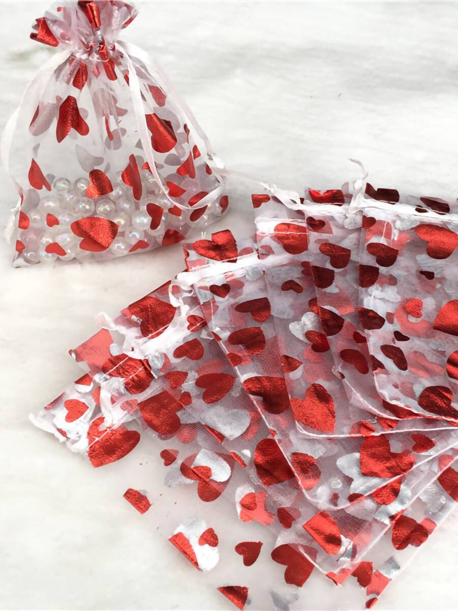 10pcs Organza Gift Bag, Heart Pattern Drawstring Candy & Cookie Party Favor Goodie Bag For Festival, Birthday Party Supplies