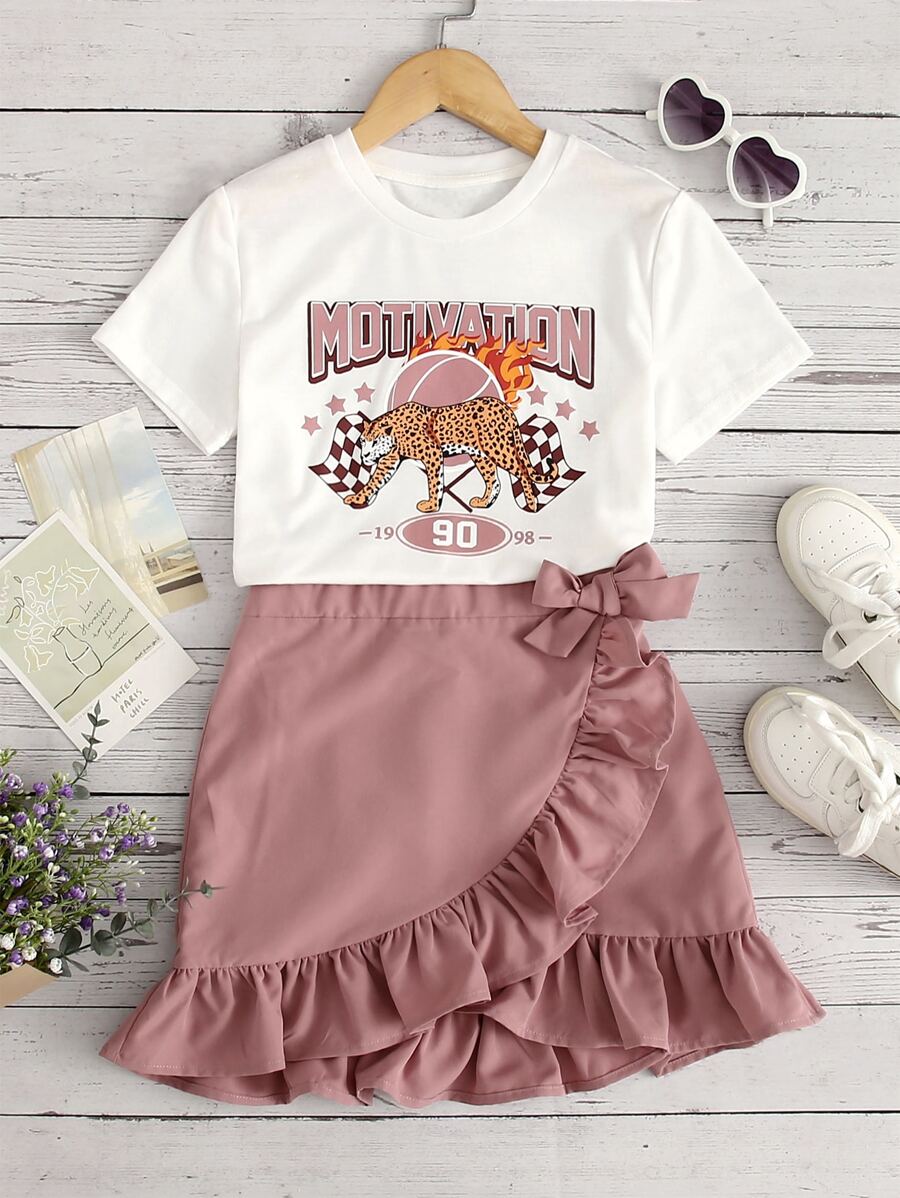 SHEIN Fille T-shirt à lettre à léopard & Jupe portefeuille à volants à nœud