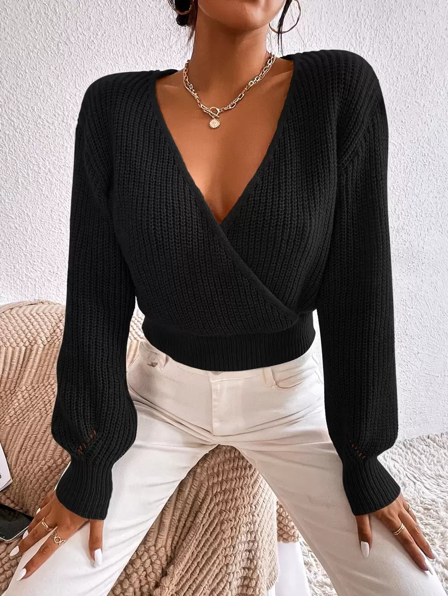 Calvaya Surplice Neck Drop Shoulder Sweater,Long Sleeve Tops