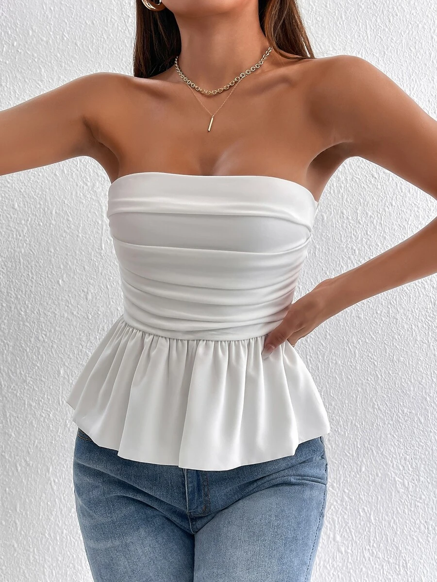 SHEIN PETITE Ruched Backless Peplum Tube Women Crop Top Strapless Top