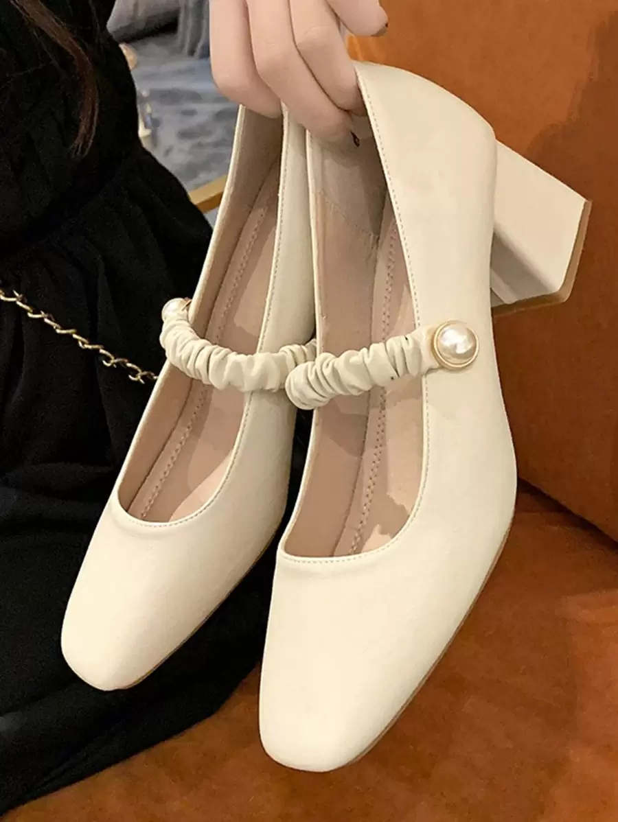 Ruched Detail Mary Jane Pumps,White Pearl Decorated Chunky Heel Pointed Toe Elegant High Heels Valentines