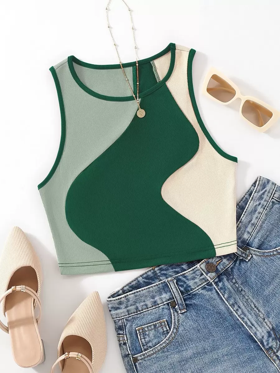 Flirla Farbblock Tanktop Grafikshirt Damen Tops