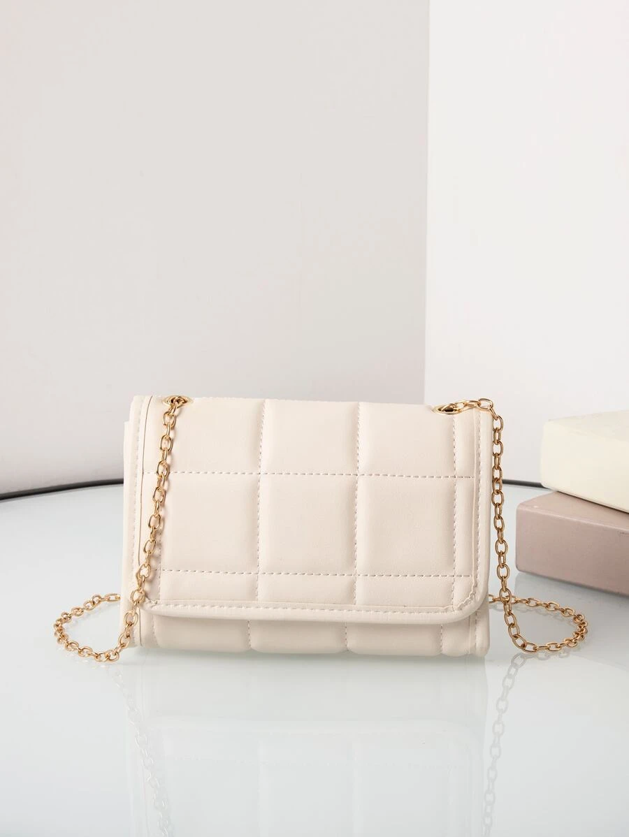 Bolso cuadrado ligero acolchado con cadena y diseño geométrico, ideal para uso de oficina, escuela, trabajo y tiempo libre. Elegante, de estilo minimalista y apropiado para estudiantes universitarias, profesionales y jóvenes