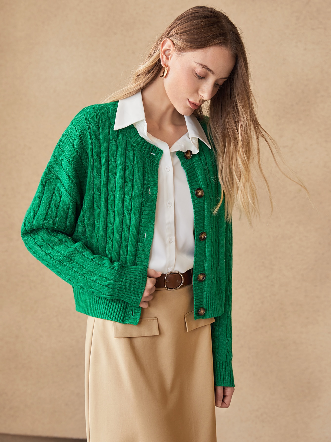 WOOL-MIX CABLE KNIT CARDIGAN｜Motf