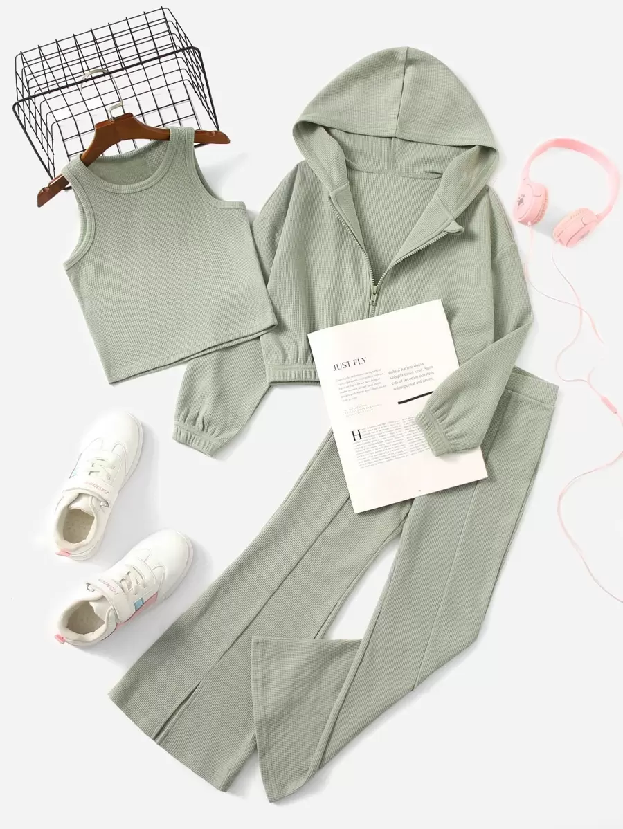 SHEIN Tween Girl Drop Shoulder Hoodie & Tank & Flare Leg Split Hem Pants
