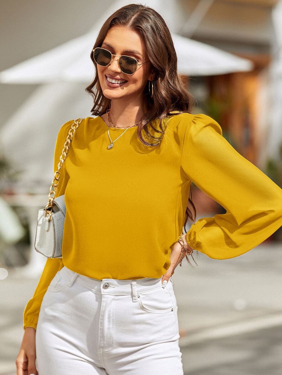 SHEIN LUNE Blouse à manches lanternes avec dos à encolure de clé, hauts à manches longues