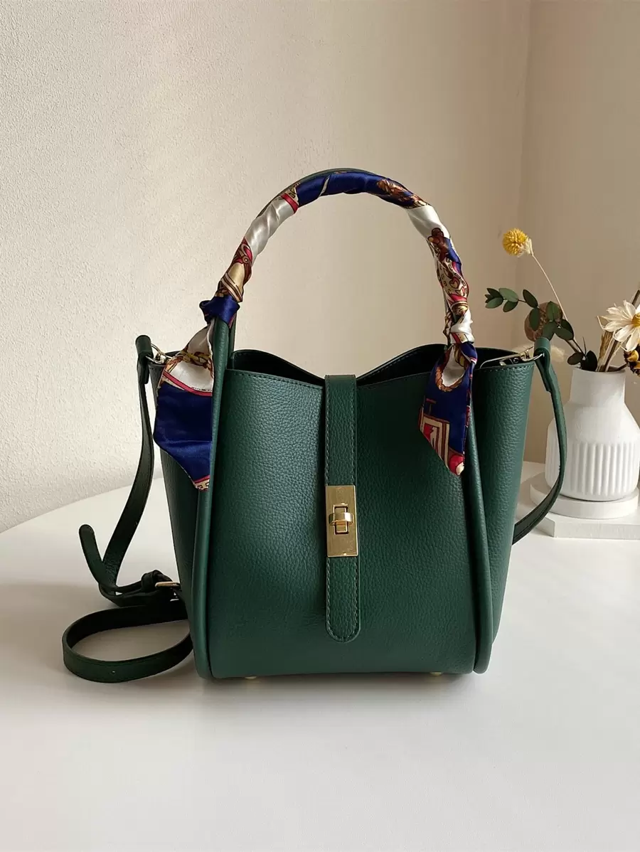 CONTAINEVERY Minimalist Lychee Pattern Handbag With Silk Scarf Accessory, Versatile Shoulder Bag For Mature Women At Work And Dating
