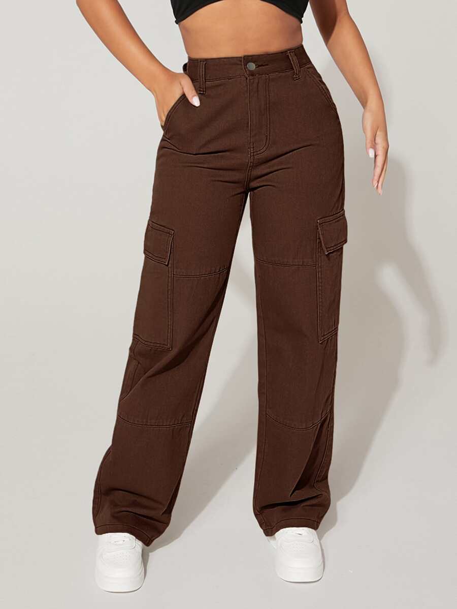 SHEIN PETITE High Waist Flap Pocket Cargo Jeans