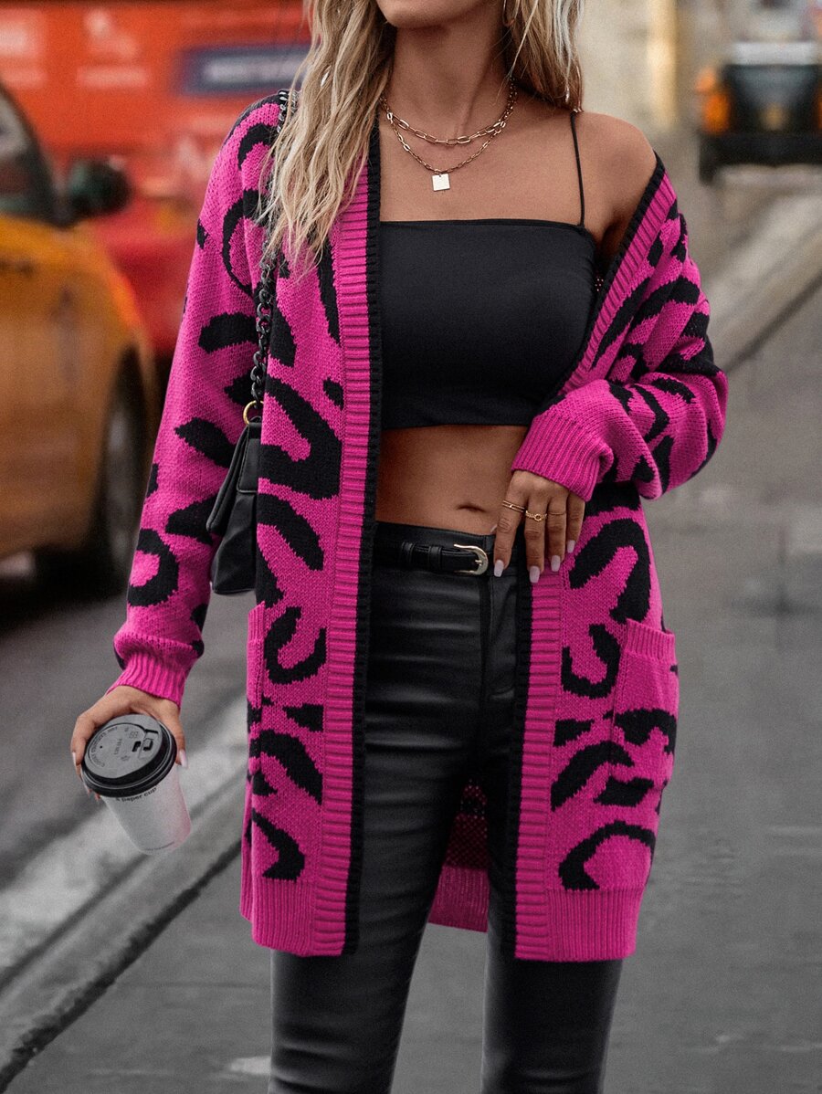 SHEIN LUNE Graphic Pattern Drop Shoulder Pocket Patched Duster Cardigan,Long Sleeve Tops