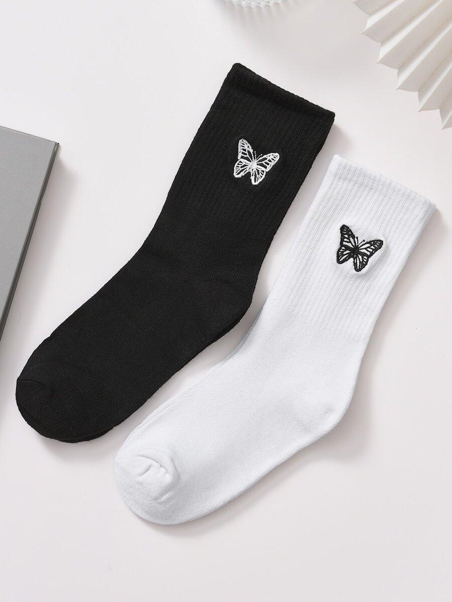 2pairs Butterfly Embroidered Crew Socks