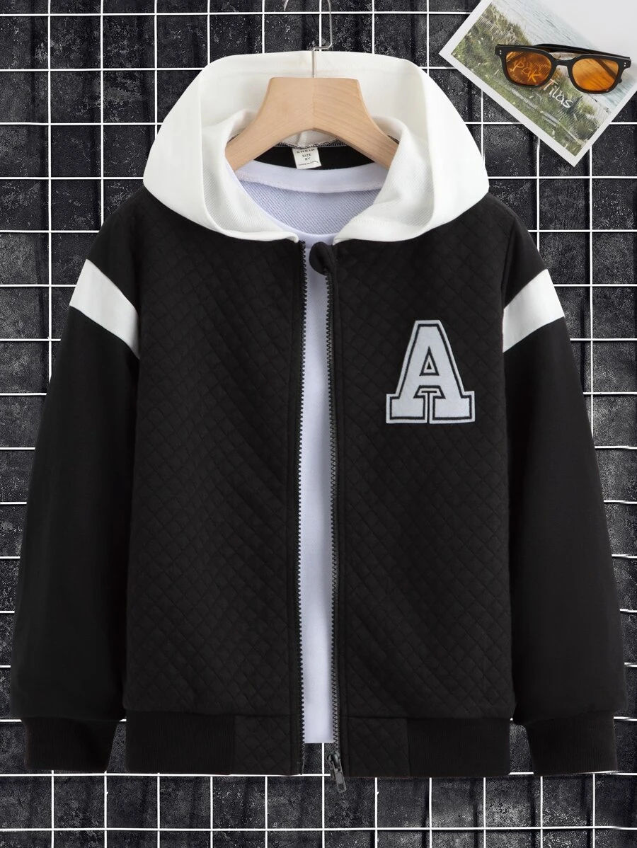 Boys Letter Patched Colorblock Hooded Jacket Without Tee