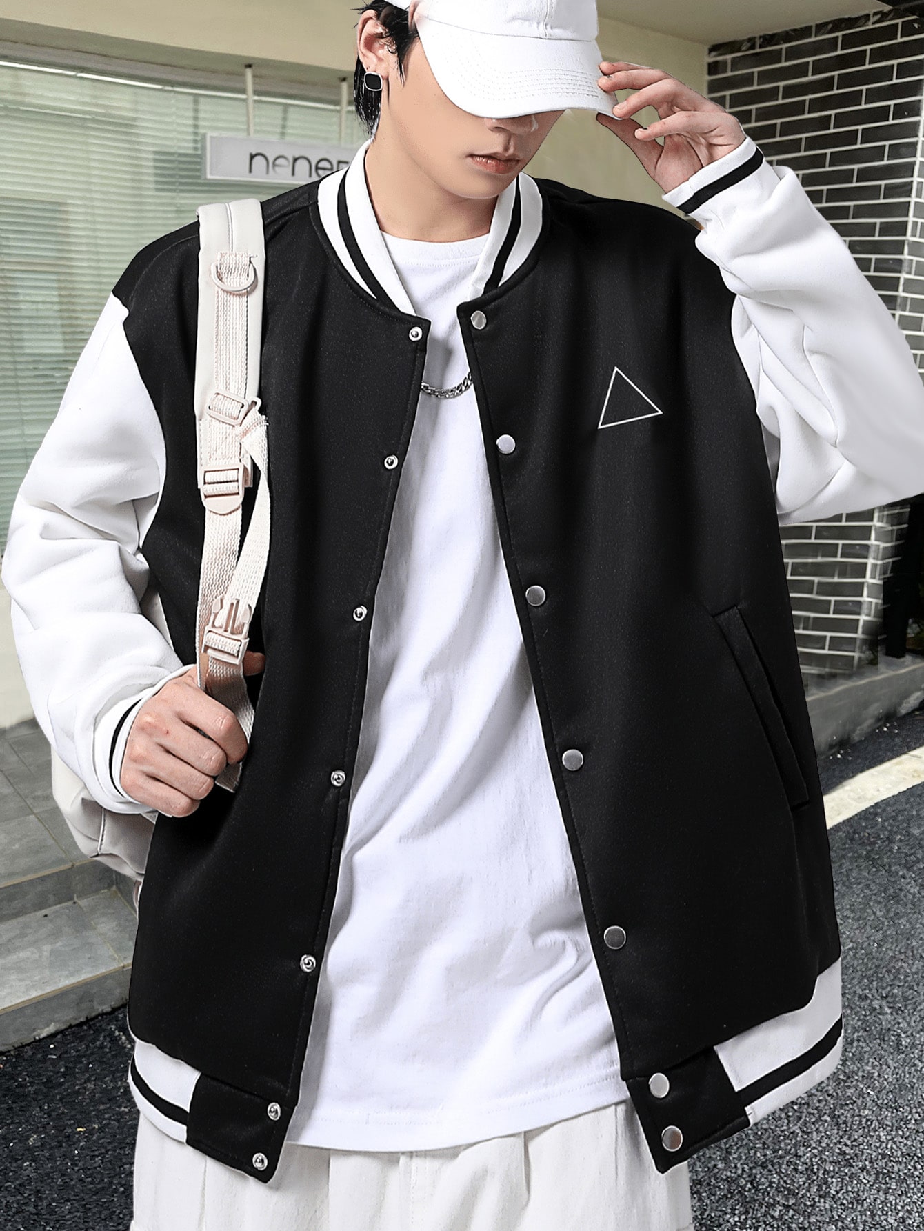 Men Colorblock Geo Print Striped Trim Varsity Jacket