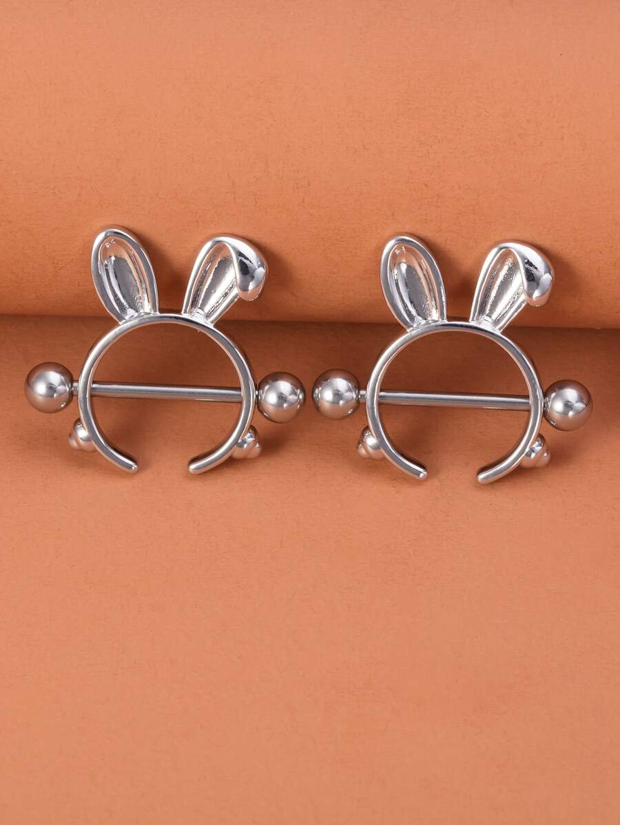 2 piezas/set Anillo de pezón de decoración de oreja de conejo de perforación perfecta, joyería de perforación de tabique magnético de arco iris de cobre